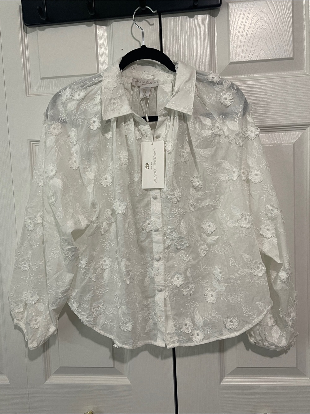 Caroline Constas White Designer Blouse/Shirt with Puff Sleeves Romantic Top M